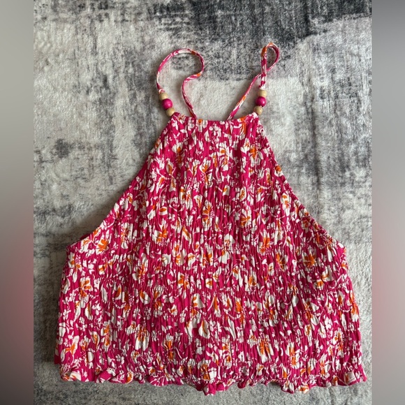 Zara Floral Pink Halter Crop Top Stretch elastic smocking wrap top in L- NWT - Picture 6 of 8